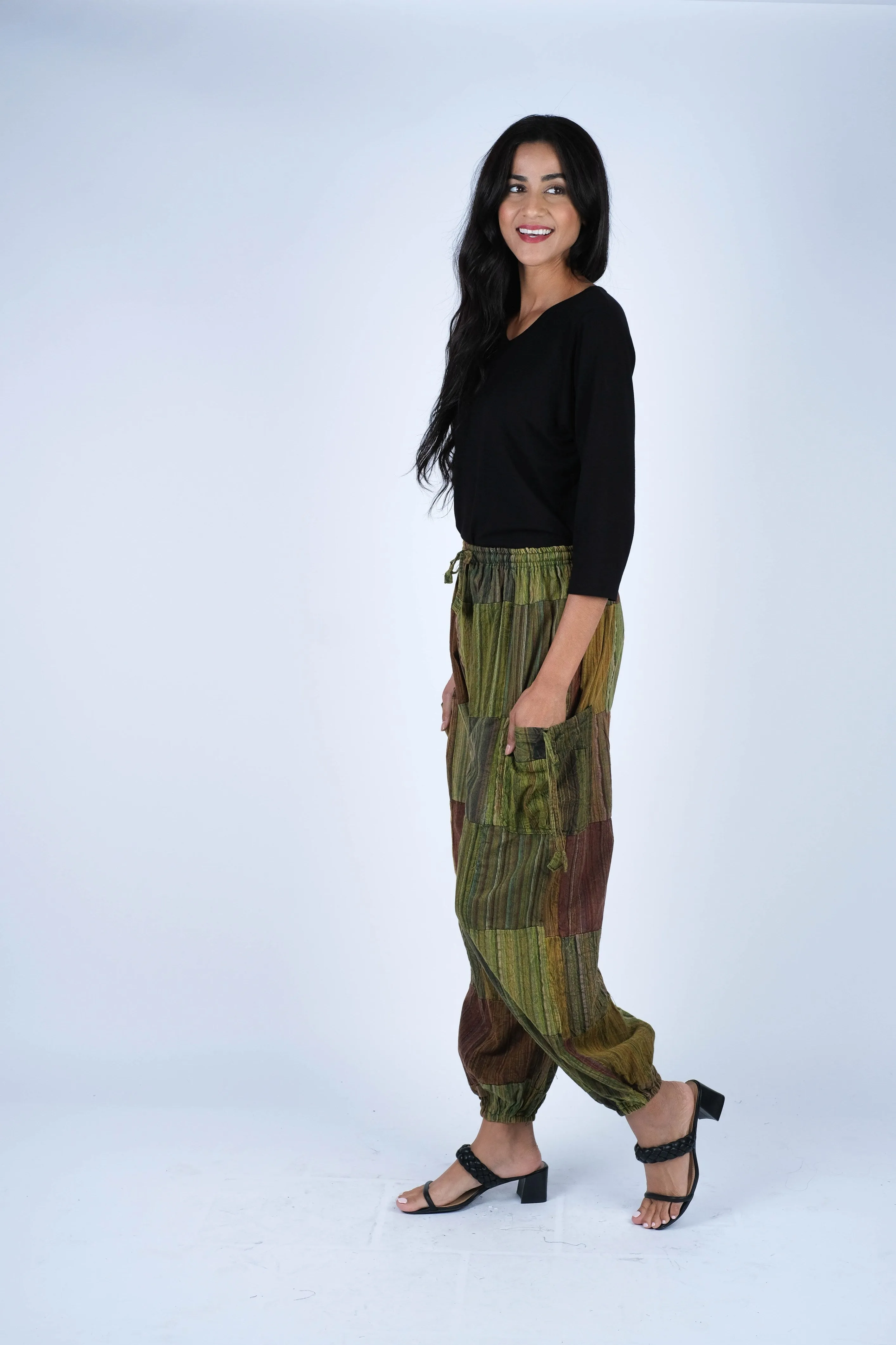 224554 Patchwork Stone-Washed Cotton Palazzo Pants