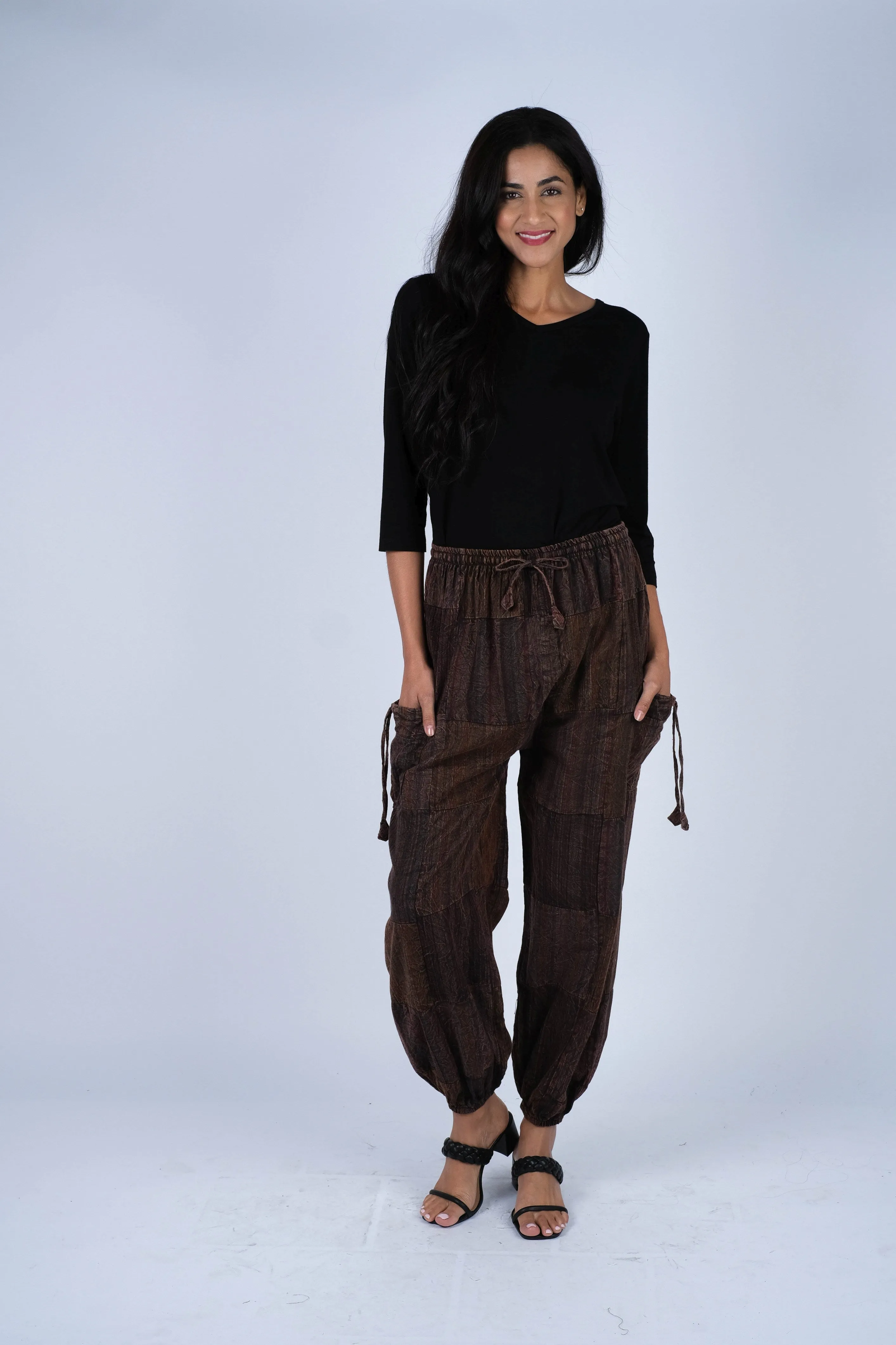 224554 Patchwork Stone-Washed Cotton Palazzo Pants