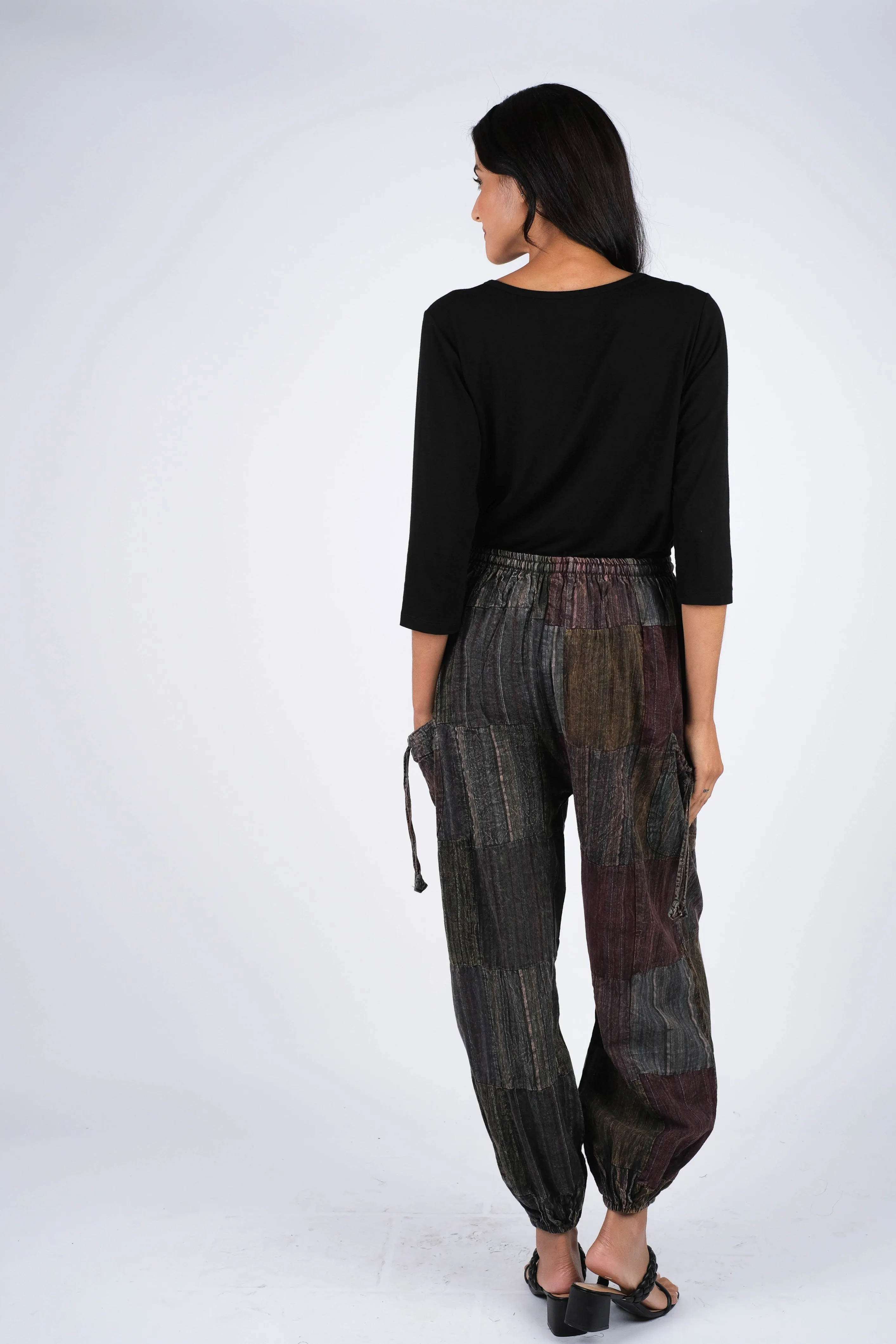 224554 Patchwork Stone-Washed Cotton Palazzo Pants