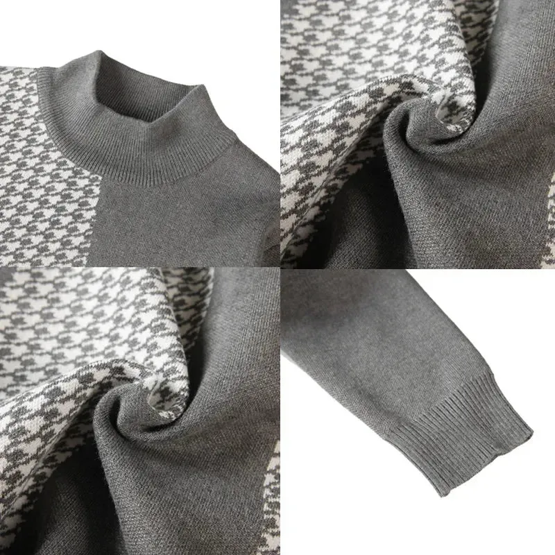 Aidase Men's Warm Winter Knit Sweaters Male Slim Fit Fashion Color Matching Plaid Pullover/Man High-neck Knitted Sweaters 4XL-M