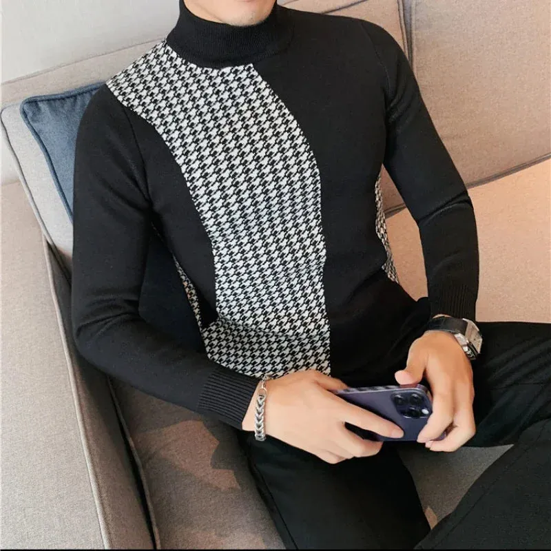 Aidase Men's Warm Winter Knit Sweaters Male Slim Fit Fashion Color Matching Plaid Pullover/Man High-neck Knitted Sweaters 4XL-M