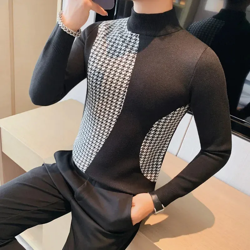 Aidase Men's Warm Winter Knit Sweaters Male Slim Fit Fashion Color Matching Plaid Pullover/Man High-neck Knitted Sweaters 4XL-M