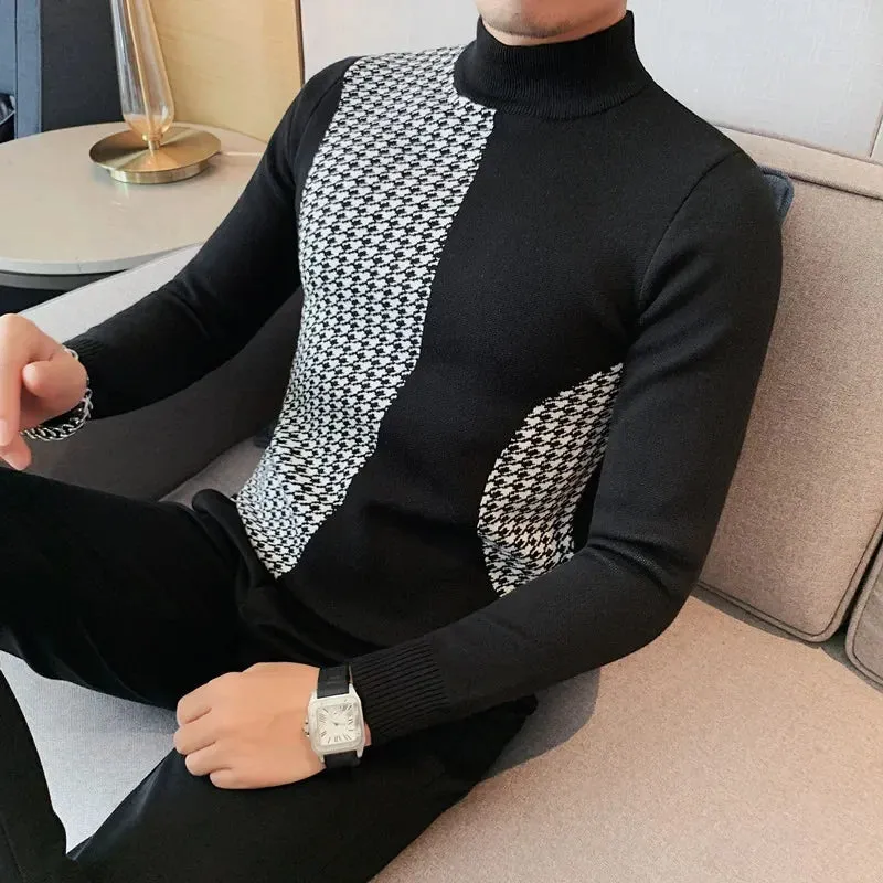Aidase Men's Warm Winter Knit Sweaters Male Slim Fit Fashion Color Matching Plaid Pullover/Man High-neck Knitted Sweaters 4XL-M