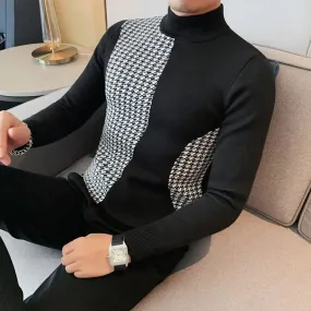 Aidase Men's Warm Winter Knit Sweaters Male Slim Fit Fashion Color Matching Plaid Pullover/Man High-neck Knitted Sweaters 4XL-M