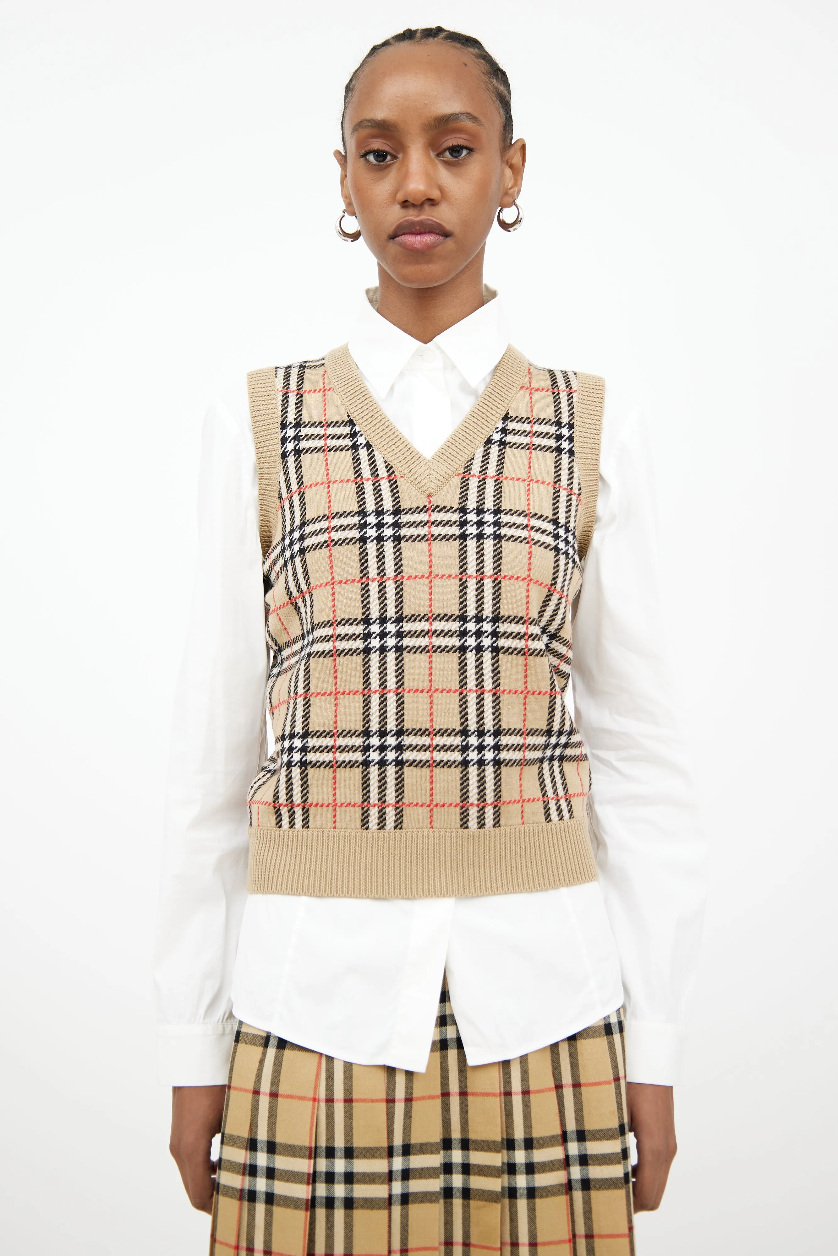 Beige & Multi Check Knit Vest