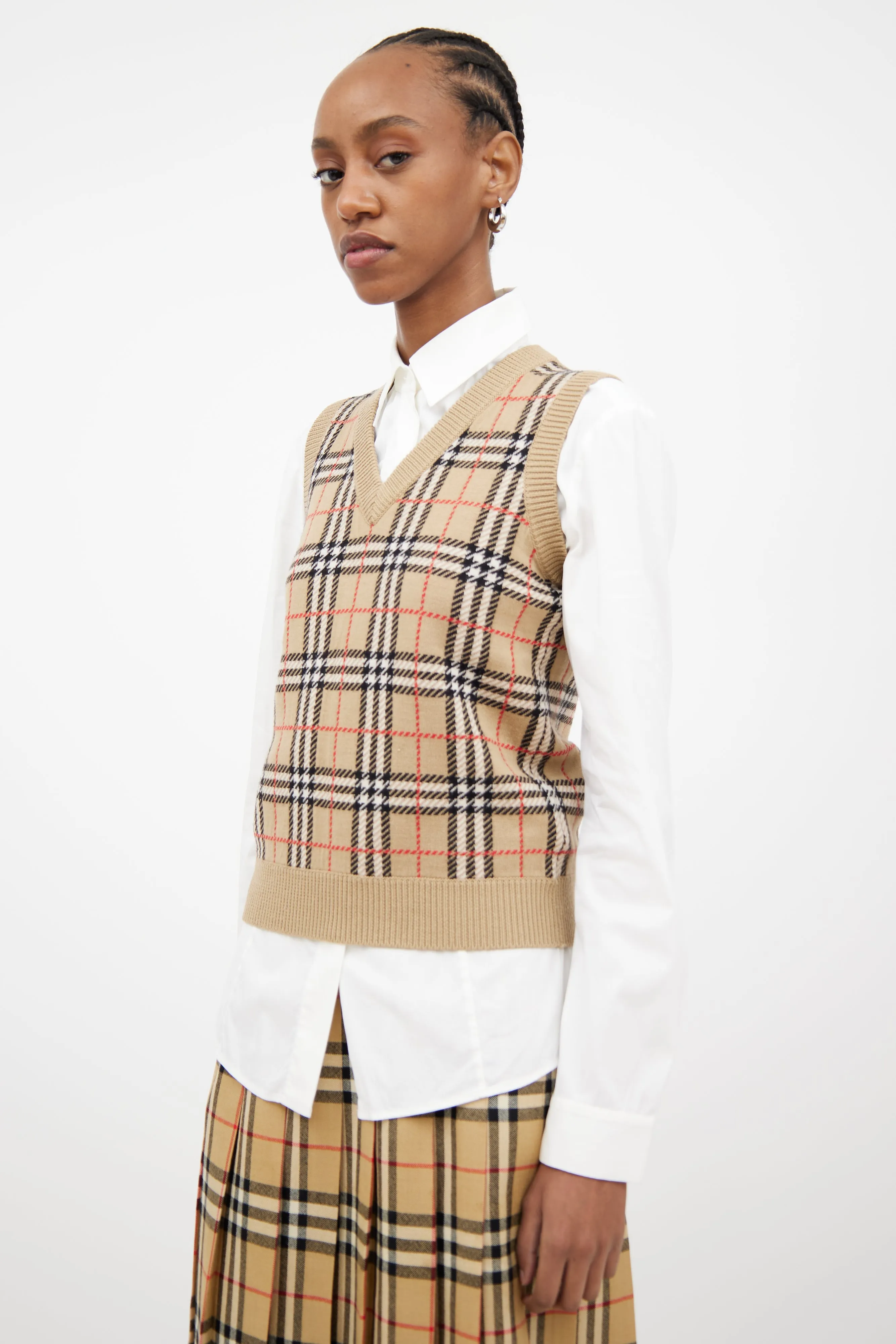 Beige & Multi Check Knit Vest