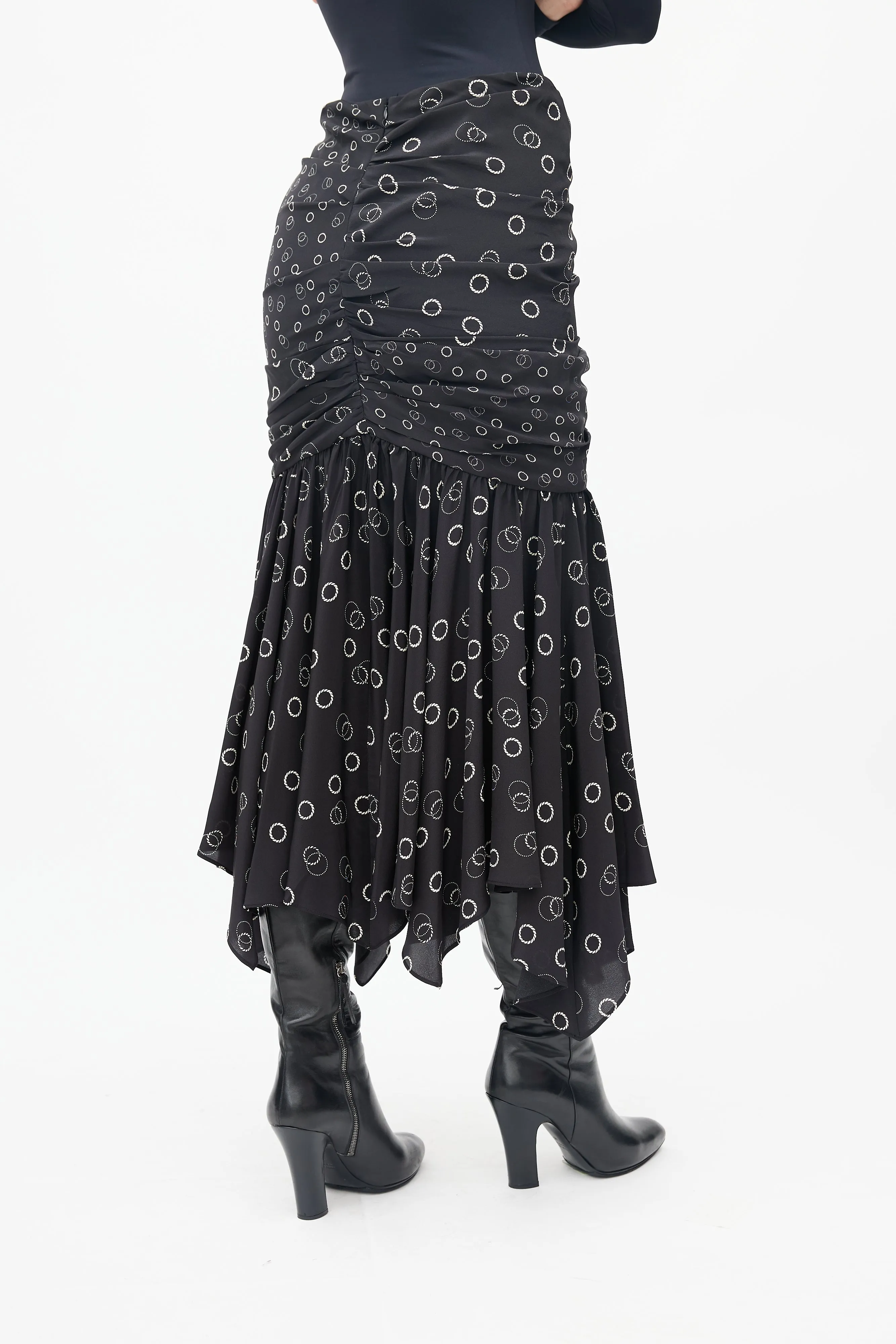 Black & Cream Gathered Circle Print Skirt
