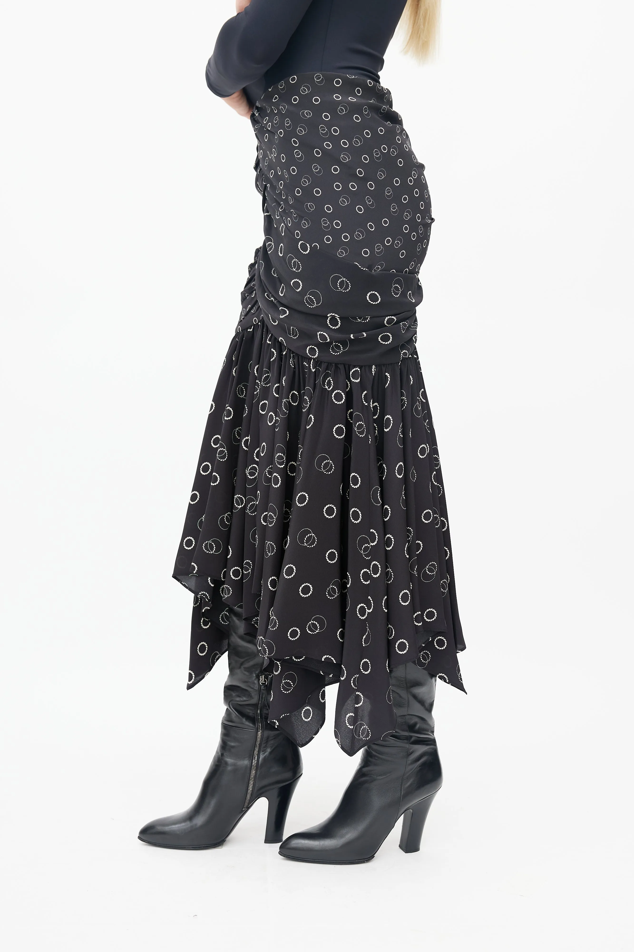 Black & Cream Gathered Circle Print Skirt