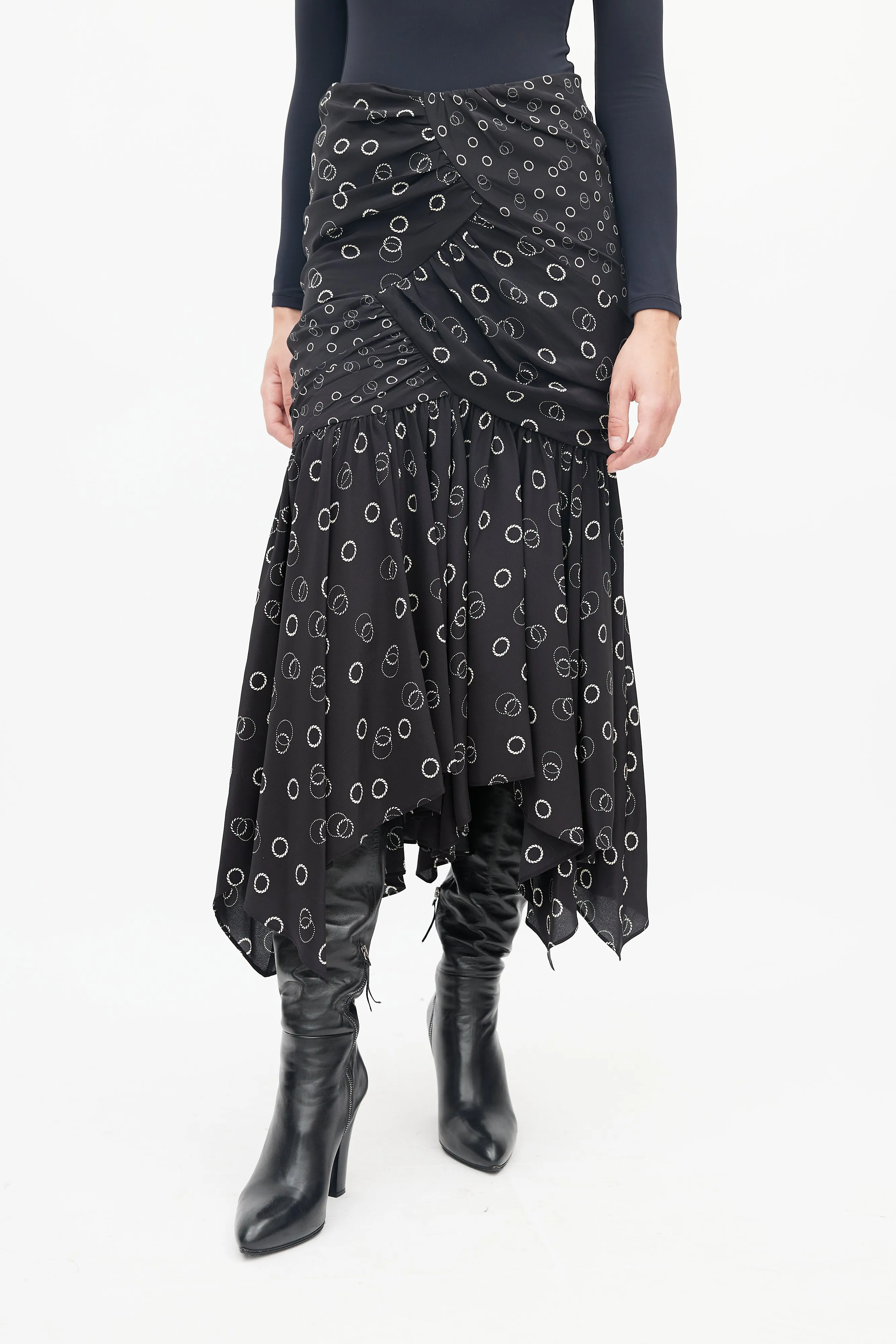 Black & Cream Gathered Circle Print Skirt