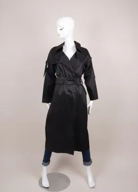 Black Lightweight Slick Belted Long Trench Coat