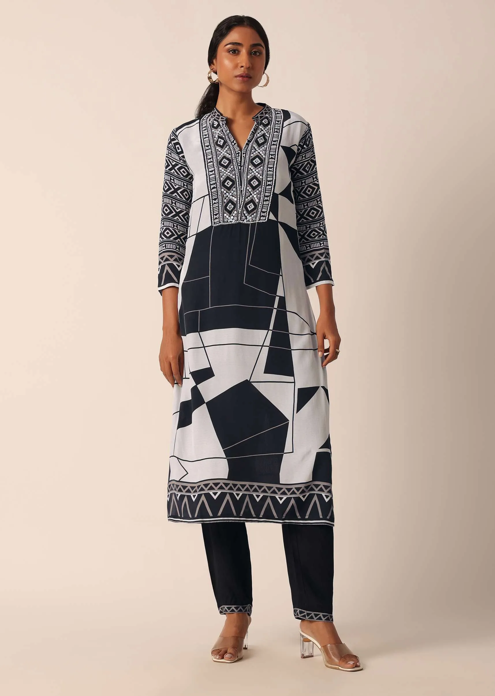 Black Silk Printed Kurti And Pant Set With Sequin Work