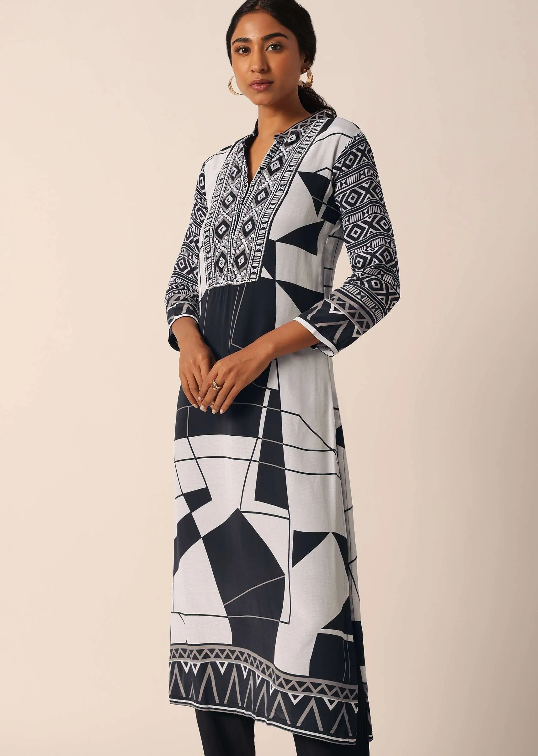 Black Silk Printed Kurti And Pant Set With Sequin Work