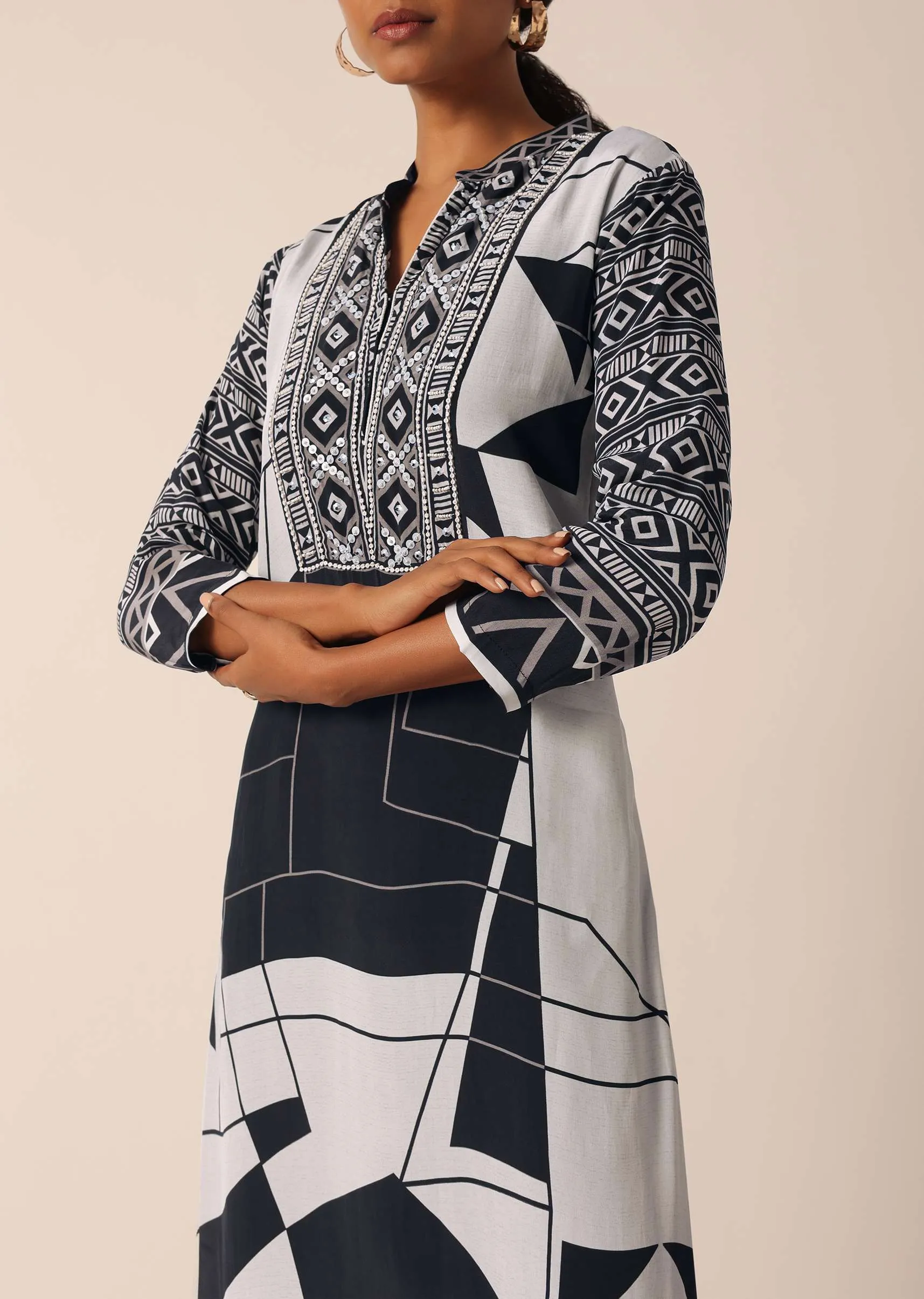 Black Silk Printed Kurti And Pant Set With Sequin Work