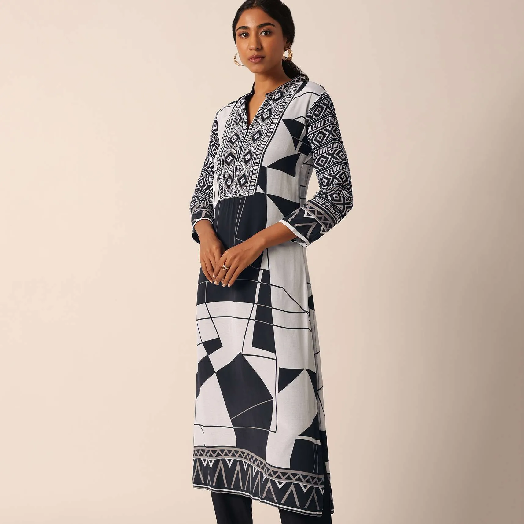 Black Silk Printed Kurti And Pant Set With Sequin Work