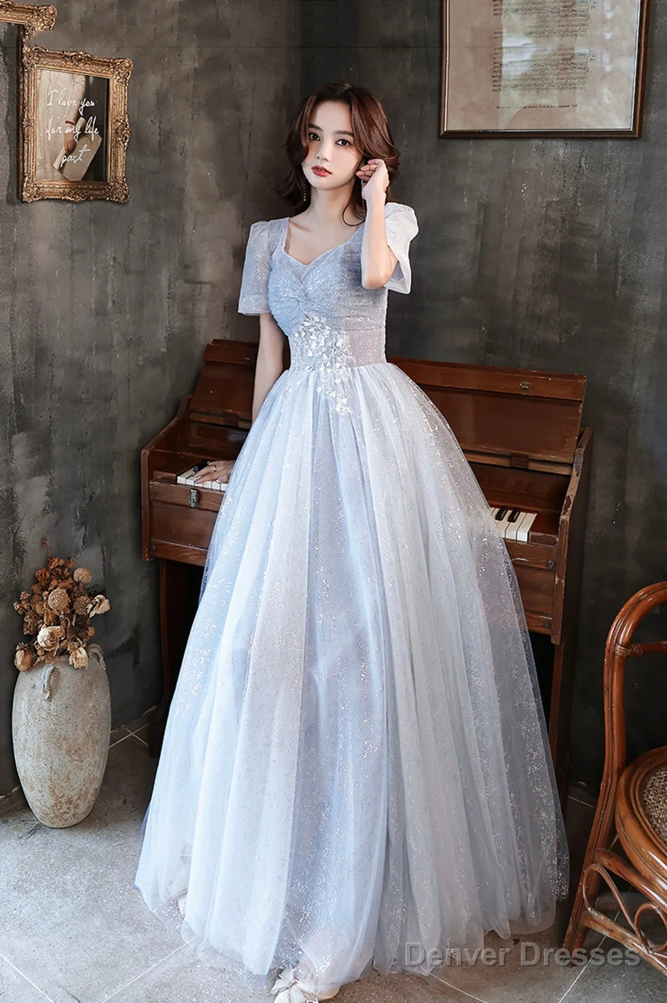 Blue Tulle Long  A-Line Formal Dresses, Shiny V-Neck Evening Dresses