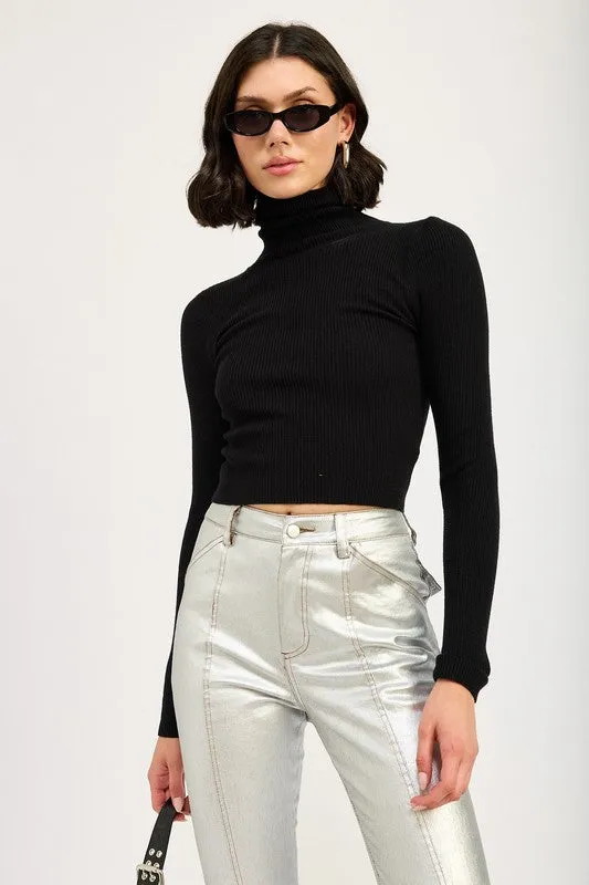 Chic Ribbed Turtle Neck Long Sleeve Sim Fit Fashion Crop Top