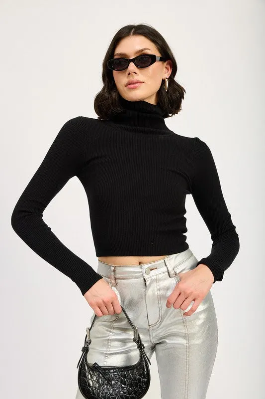 Chic Ribbed Turtle Neck Long Sleeve Sim Fit Fashion Crop Top