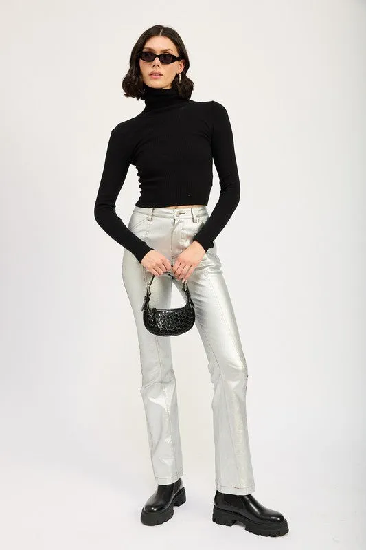 Chic Ribbed Turtle Neck Long Sleeve Sim Fit Fashion Crop Top