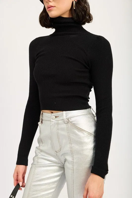 Chic Ribbed Turtle Neck Long Sleeve Sim Fit Fashion Crop Top