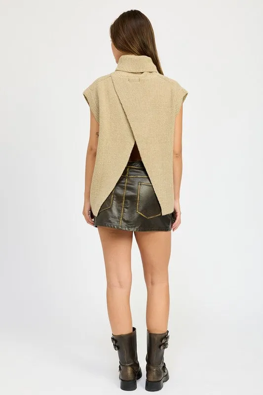 Cozy Sleeveless Split Back Turtle Neck Sweater Top