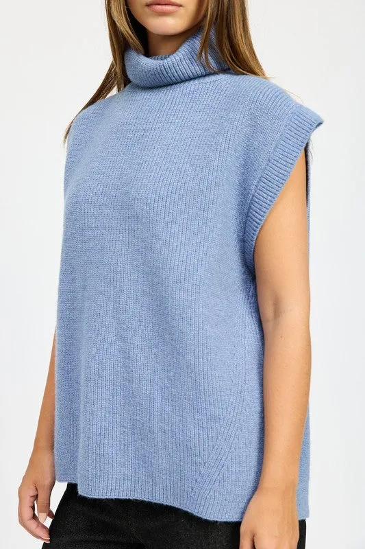 Cozy Sleeveless Split Back Turtle Neck Sweater Top