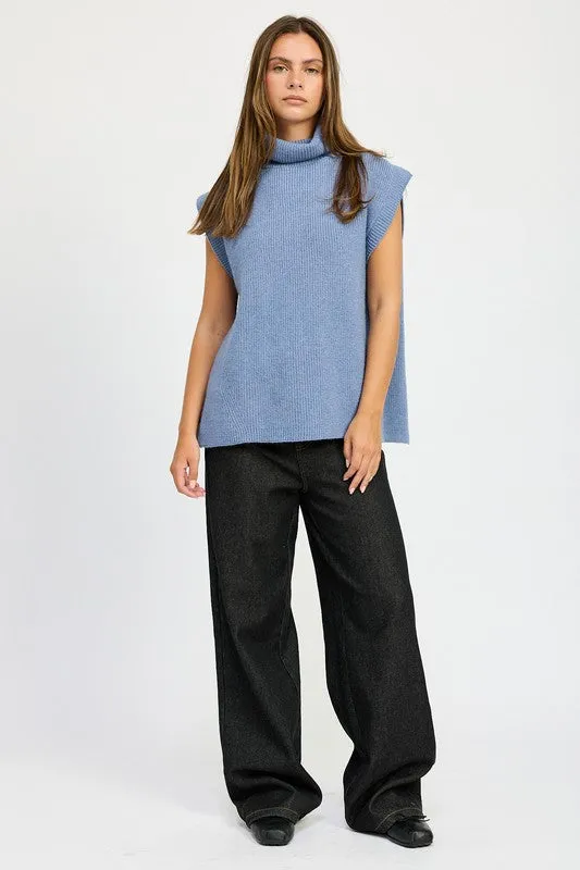 Cozy Sleeveless Split Back Turtle Neck Sweater Top