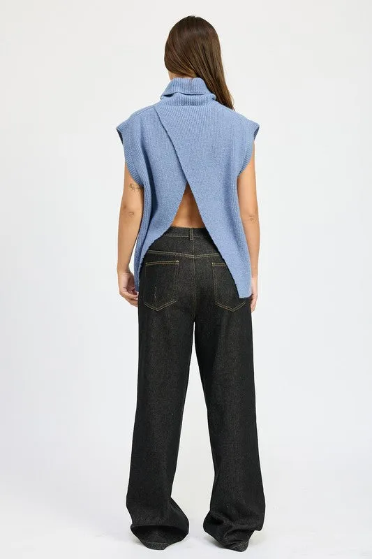 Cozy Sleeveless Split Back Turtle Neck Sweater Top