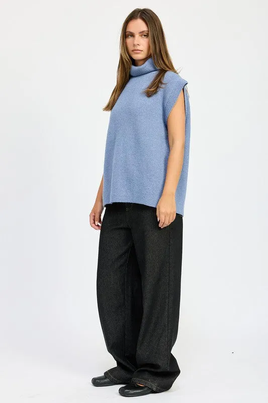 Cozy Sleeveless Split Back Turtle Neck Sweater Top