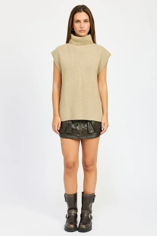 Cozy Sleeveless Split Back Turtle Neck Sweater Top