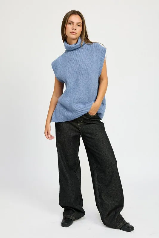 Cozy Sleeveless Split Back Turtle Neck Sweater Top