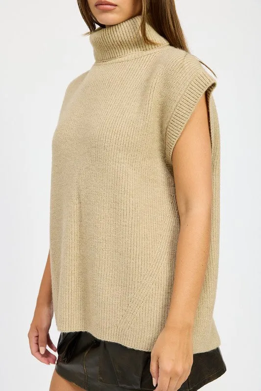 Cozy Sleeveless Split Back Turtle Neck Sweater Top