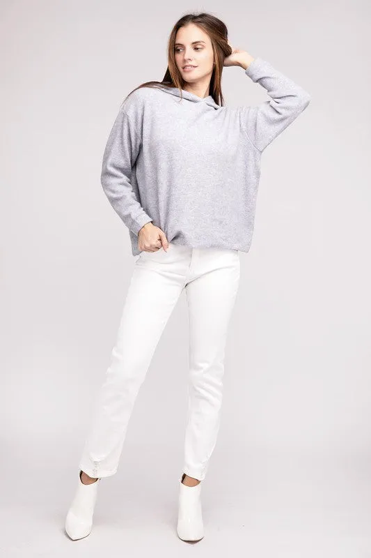 Cozy Stylish Winter Hooded Brushed Melange Hacci Fashion Top Sweater