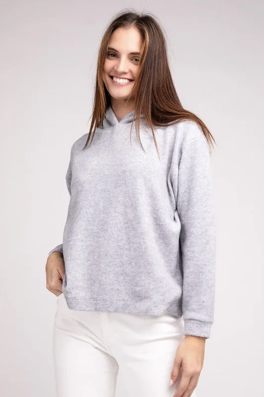 Cozy Stylish Winter Hooded Brushed Melange Hacci Fashion Top Sweater