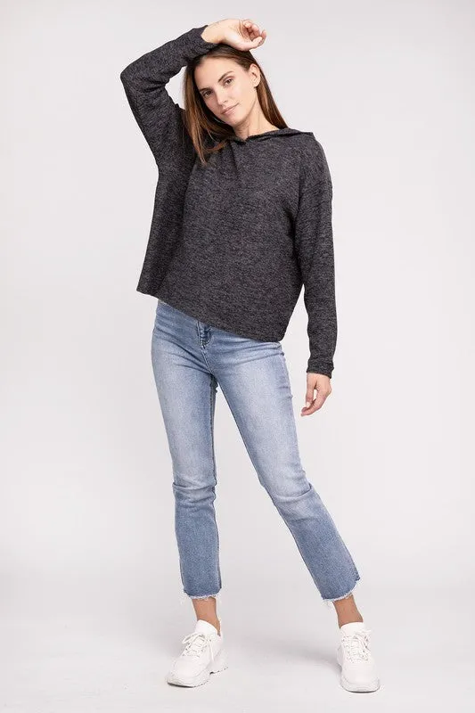 Cozy Stylish Winter Hooded Brushed Melange Hacci Fashion Top Sweater