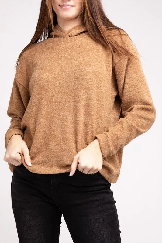 Cozy Stylish Winter Hooded Brushed Melange Hacci Fashion Top Sweater
