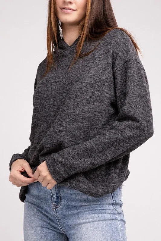 Cozy Stylish Winter Hooded Brushed Melange Hacci Fashion Top Sweater