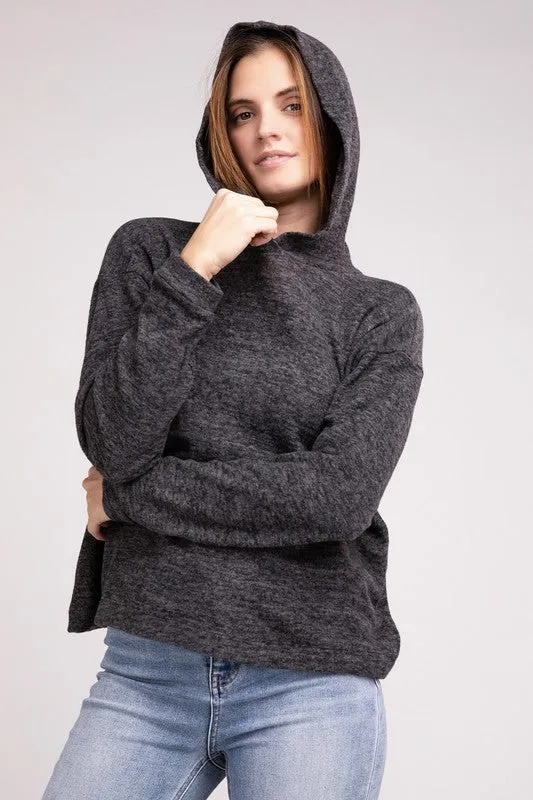 Cozy Stylish Winter Hooded Brushed Melange Hacci Fashion Top Sweater