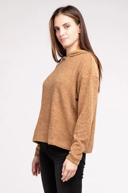 Cozy Stylish Winter Hooded Brushed Melange Hacci Fashion Top Sweater