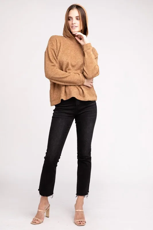 Cozy Stylish Winter Hooded Brushed Melange Hacci Fashion Top Sweater
