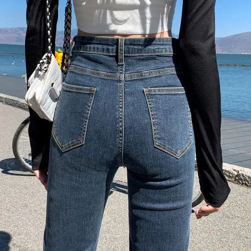 Elastic Slim Fit Straight Cuffed Denim Jeans