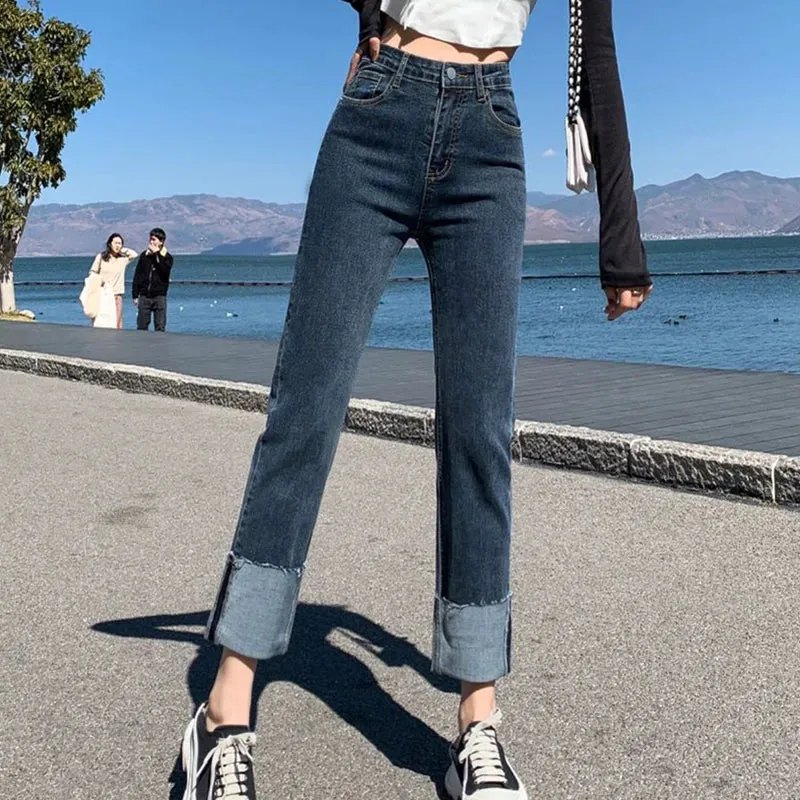 Elastic Slim Fit Straight Cuffed Denim Jeans
