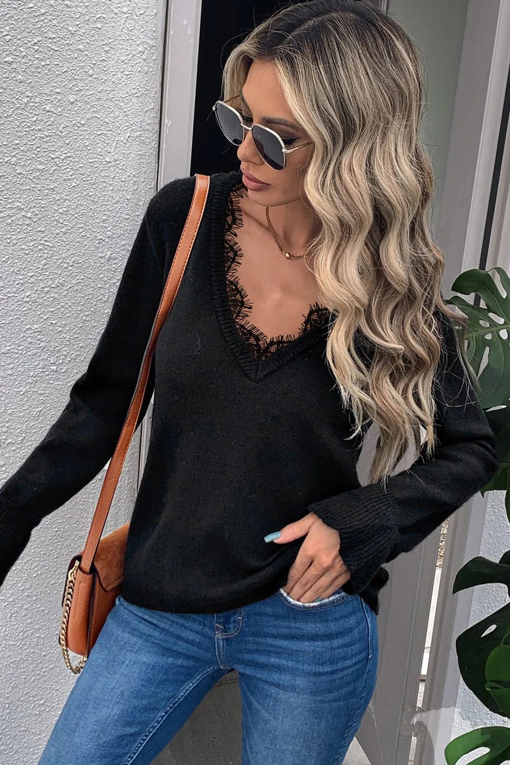 Eyelash V Neck Knitted Sweater