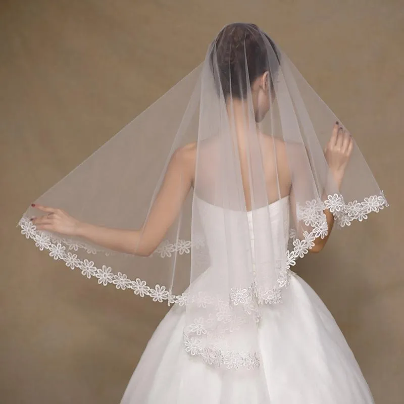 Fingertip Mantilla Veil with Lace Flower Applique Edging