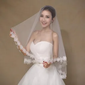 Fingertip Mantilla Veil with Lace Flower Applique Edging