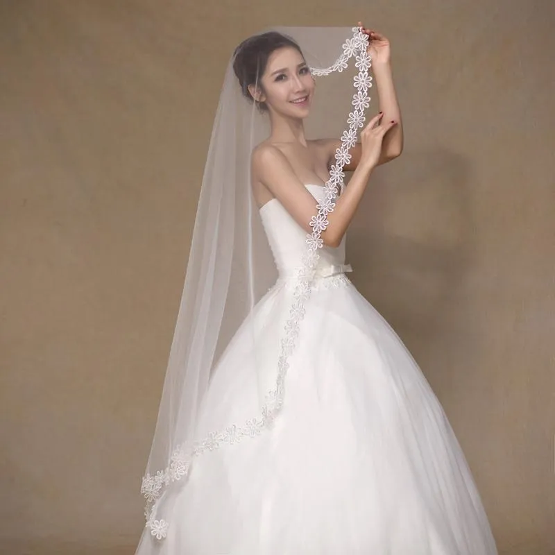Fingertip Mantilla Veil with Lace Flower Applique Edging