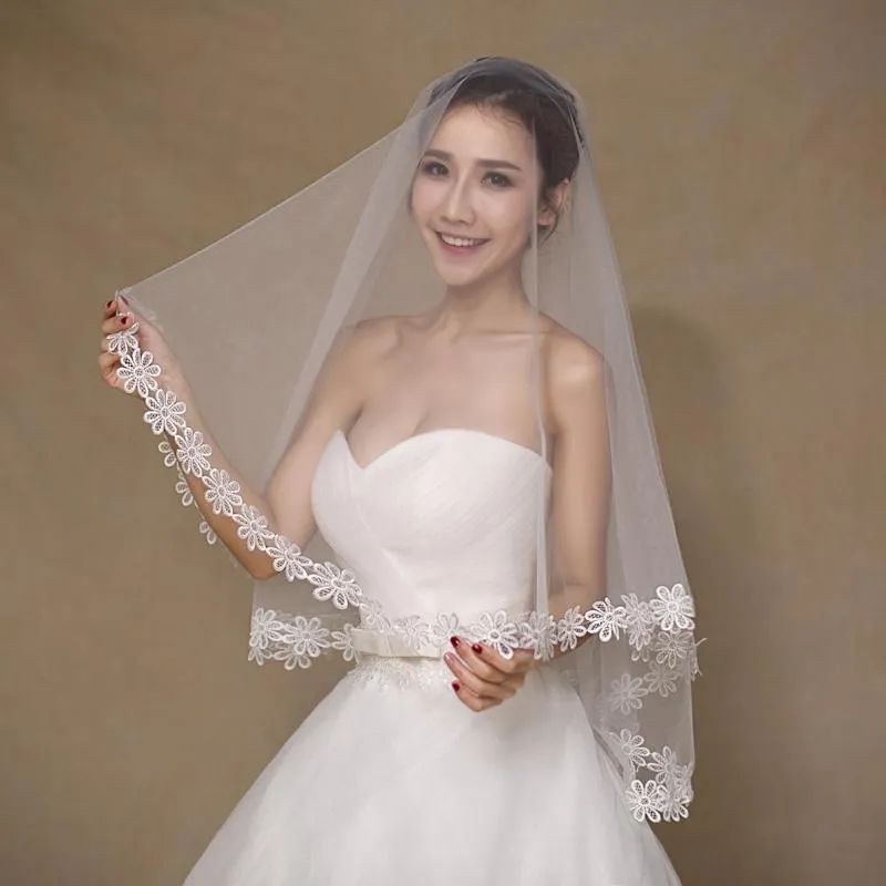 Fingertip Mantilla Veil with Lace Flower Applique Edging
