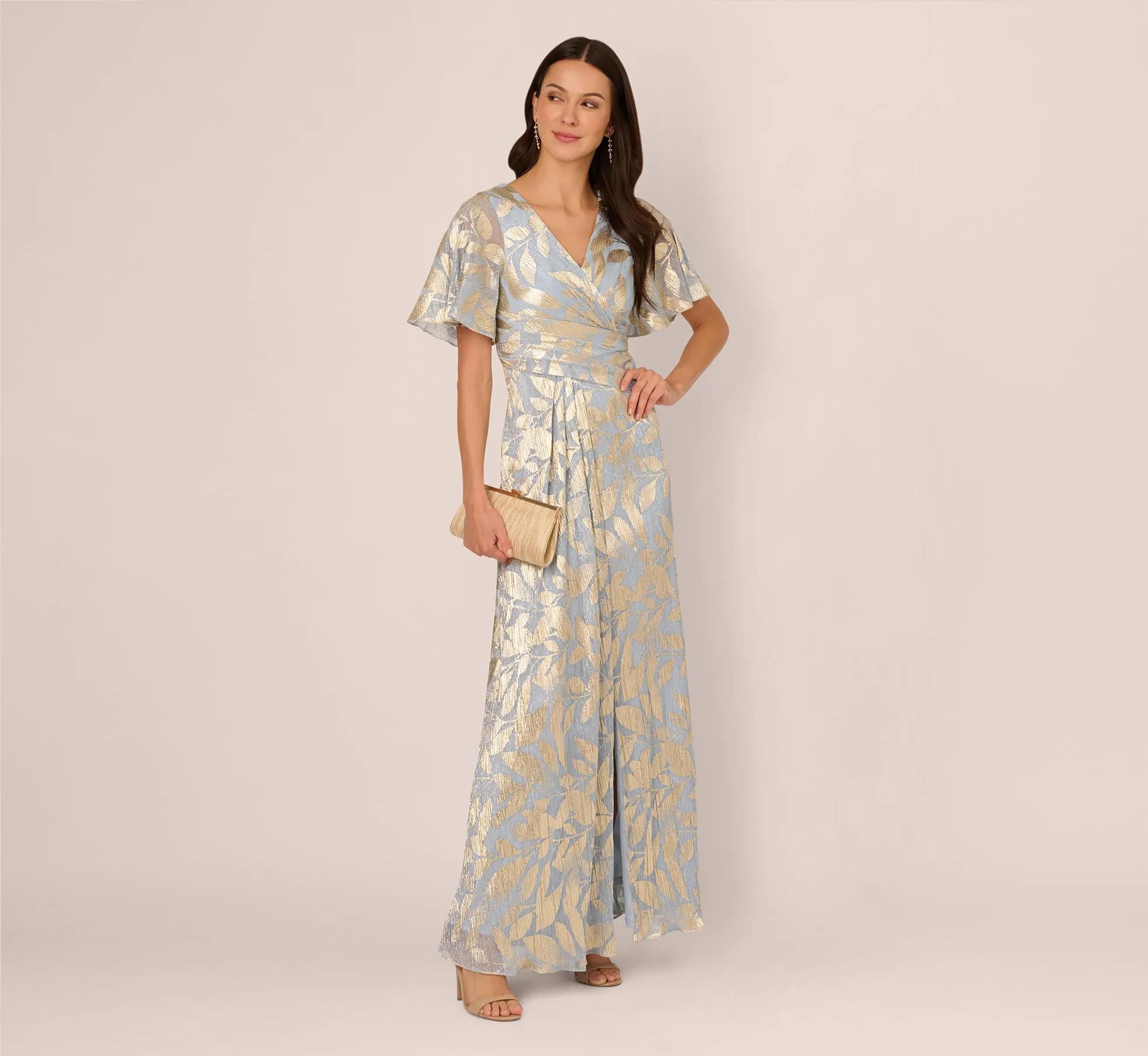 Light Blue Gold Draped Foil Leaf Short Sleeve Gown - Enhanced Title