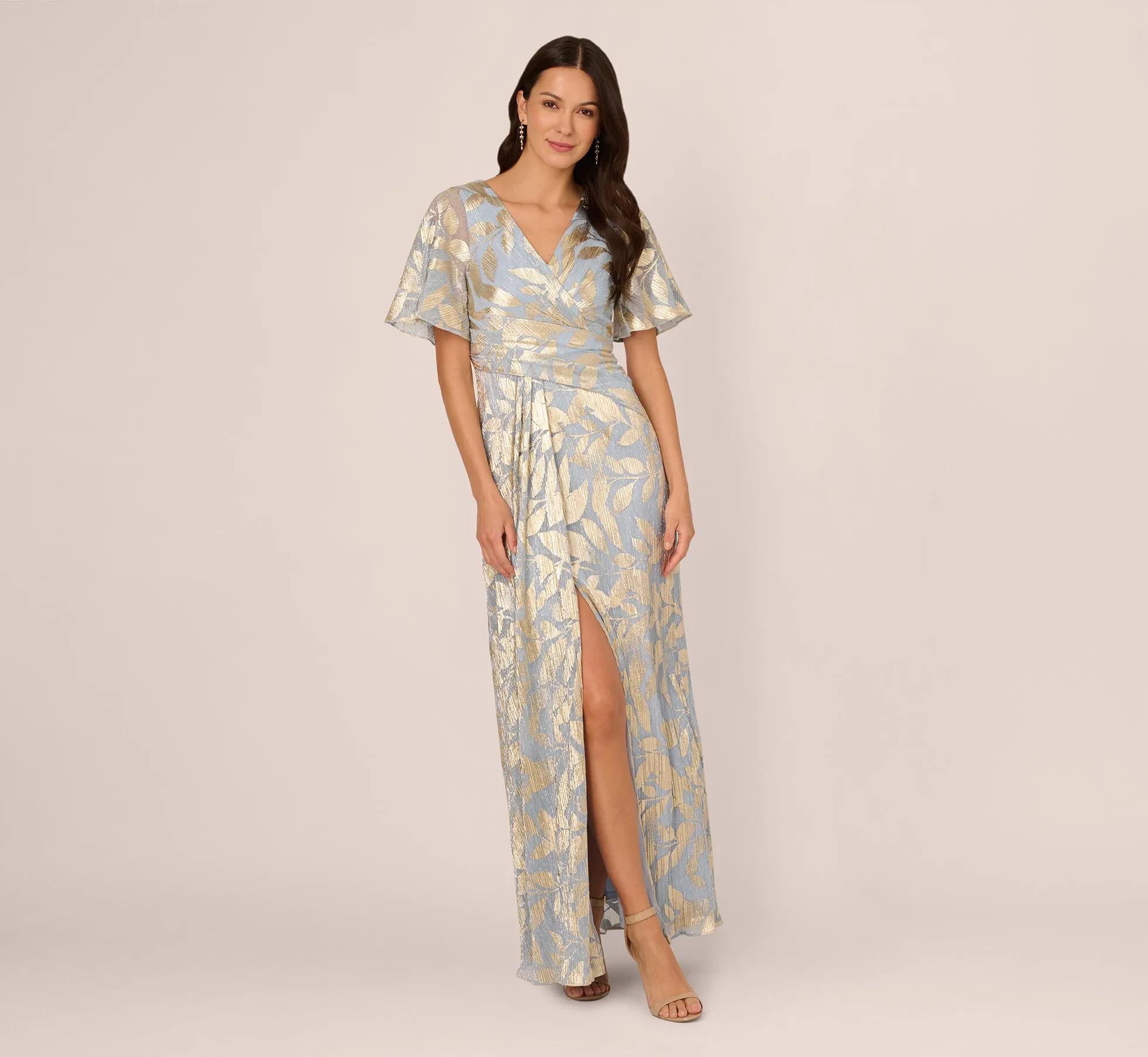 Light Blue Gold Draped Foil Leaf Short Sleeve Gown - Enhanced Title