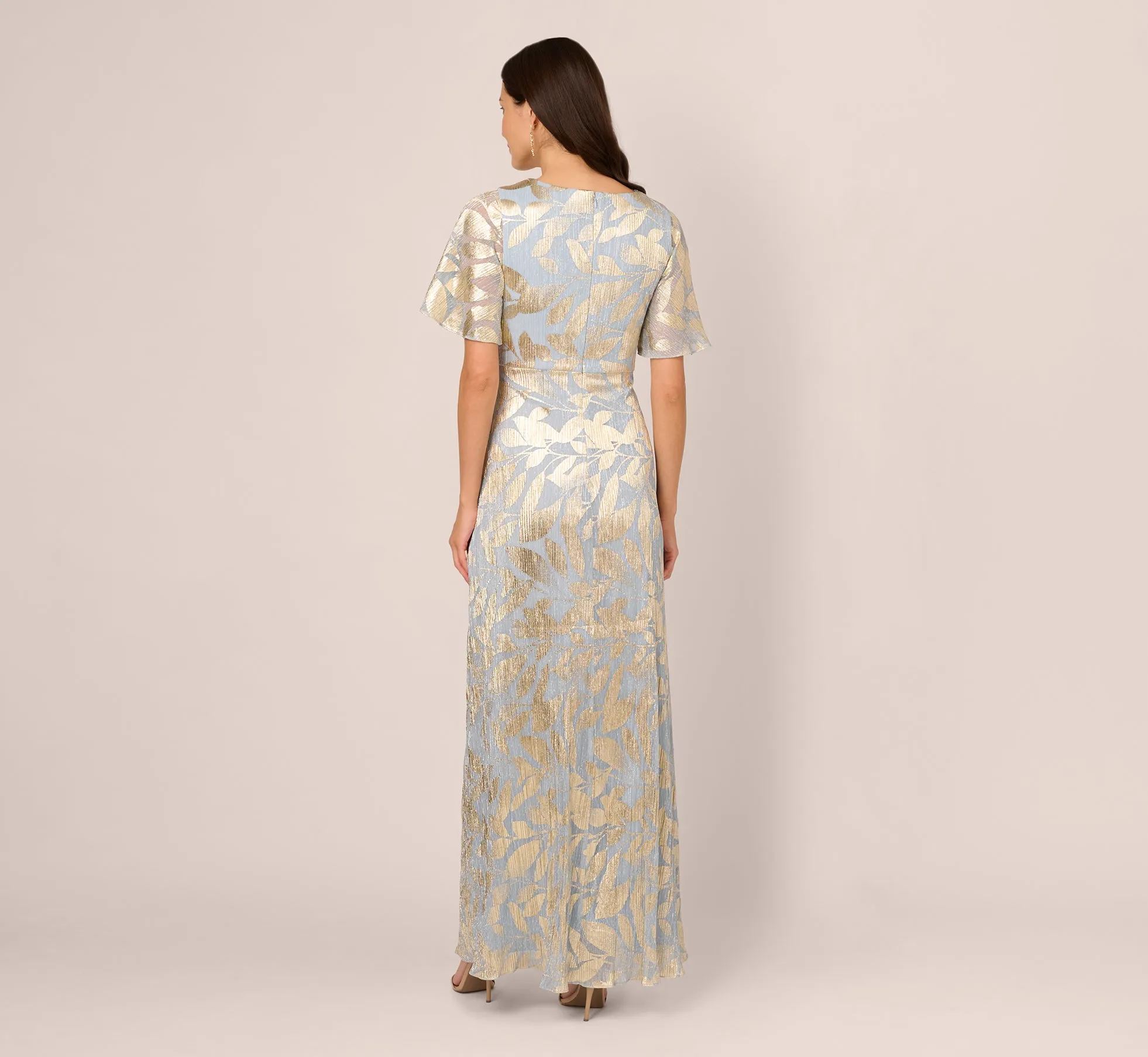 Light Blue Gold Draped Foil Leaf Short Sleeve Gown - Enhanced Title