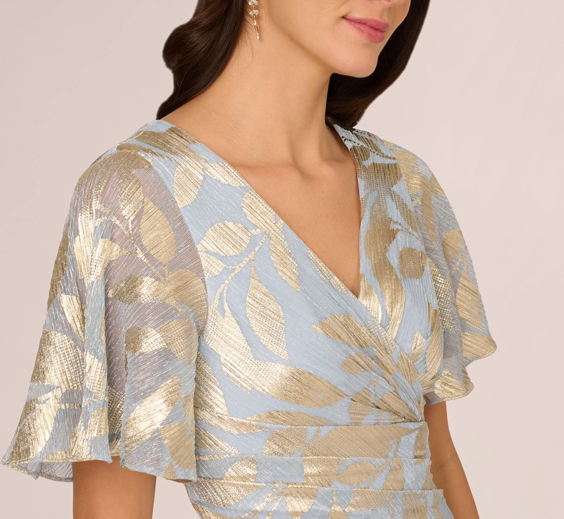 Light Blue Gold Draped Foil Leaf Short Sleeve Gown - Enhanced Title